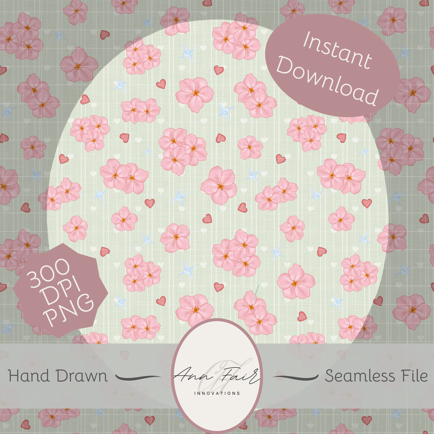 Cherry Blossoms Seamless Hand Drawn Digital Pattern | 300 DPI PNG | Instant Download