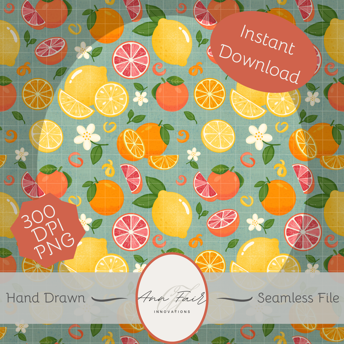 Citrus Toss Seamless Hand Drawn Digital Pattern | 300 DPI PNG | Instant Download