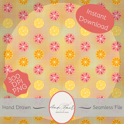 Citrus Slice Seamless Hand Drawn Digital Pattern | 300 DPI PNG | Instant Download