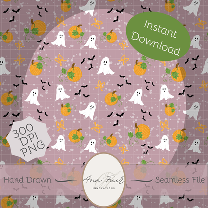 Pumpkins and Ghosts on Rose background Seamless Hand Drawn Digital Pattern | 300 DPI PNG | Instant Download
