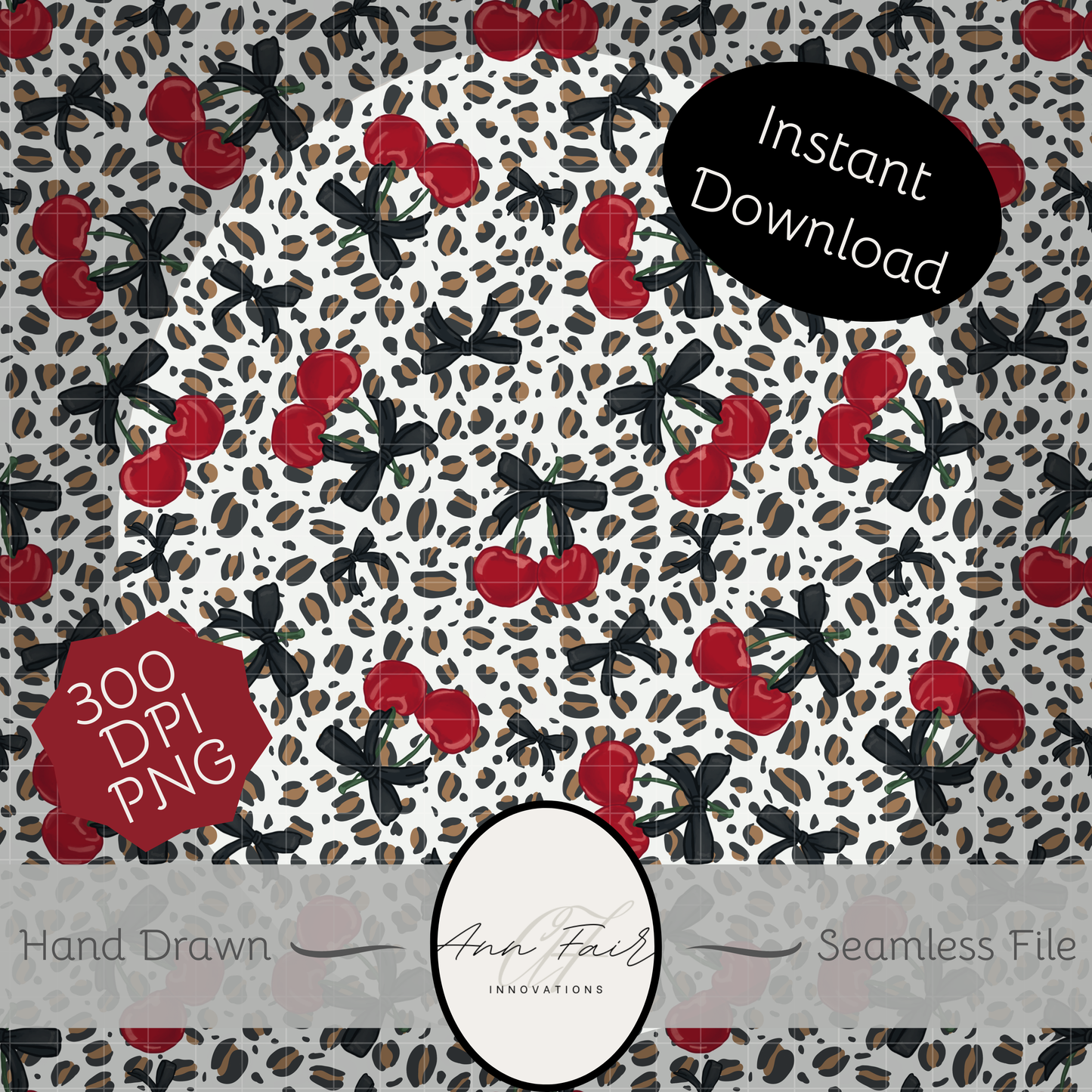 Leopards and Cherries Seamless Hand Drawn Digital Pattern | 300 DPI PNG | Instant Download