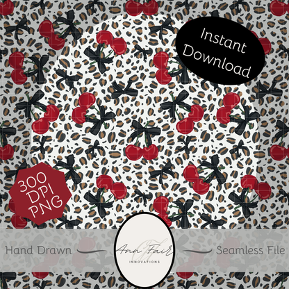 Leopards and Cherries Seamless Hand Drawn Digital Pattern | 300 DPI PNG | Instant Download