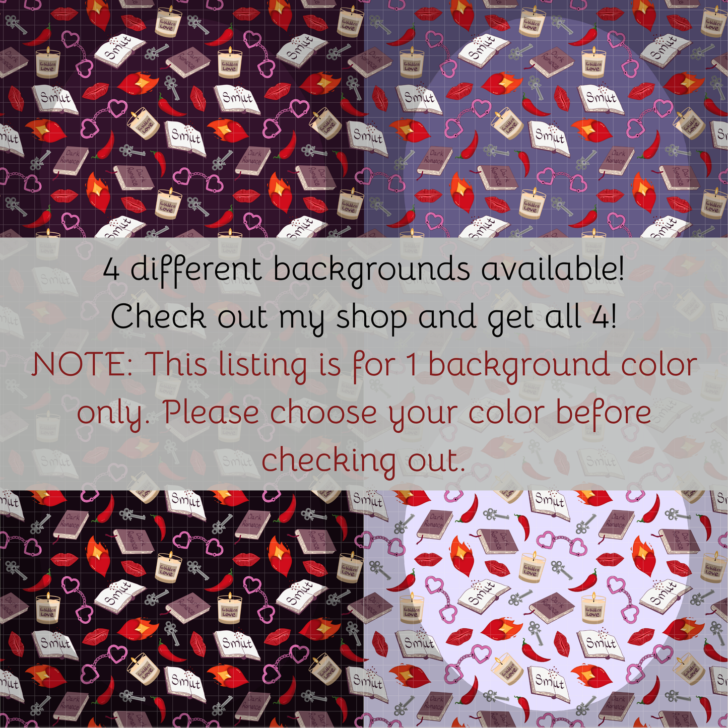 My Smutty Valentine Seamless Hand Drawn Digital Pattern | 300 DPI PNG | Instant Download | 4 background colors | Dark Romance