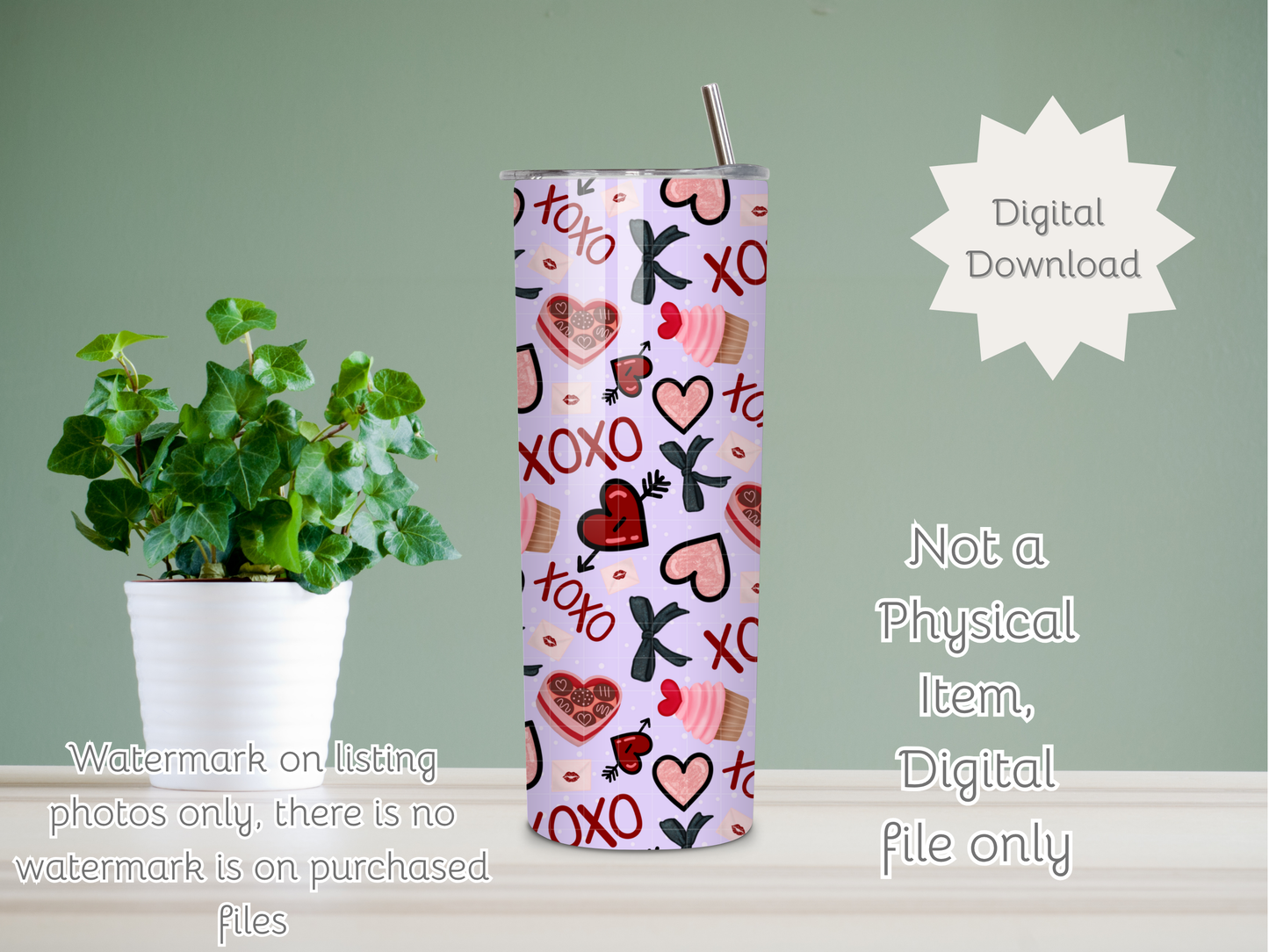 Valentine XOXO Seamless PNG 20oz Skinny Tumbler Wrap | Sublimation 300 DPI Straight Tumbler Wrap | PNG Digital Wrap Digital Download