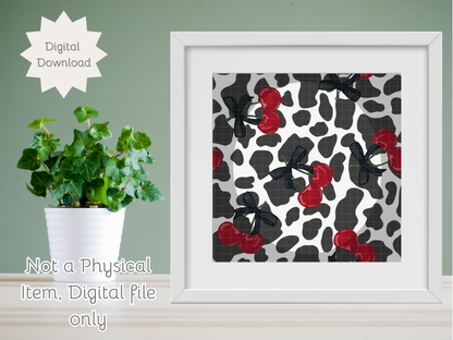 Cow Print and Cherries Seamless PNG 20oz Skinny Tumbler Wrap | Sublimation 300 DPI Straight Tumbler Wrap | PNG Digital Wrap Digital Download