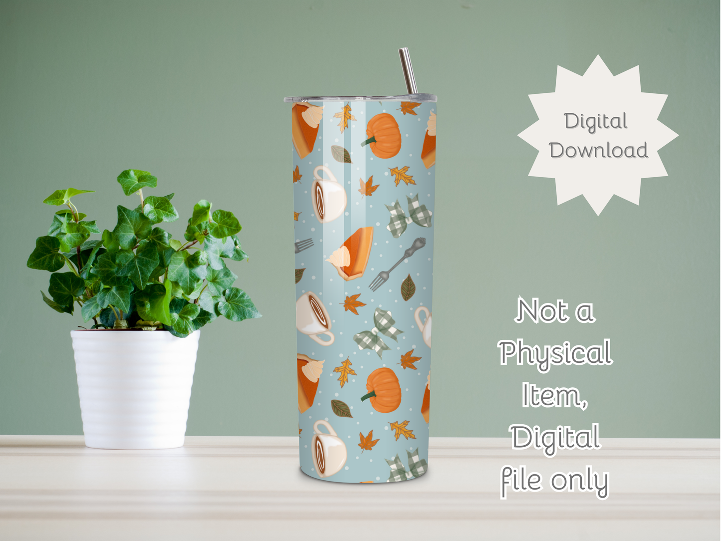 Pumpkin Pie and Coffee Seamless PNG 20oz Skinny Tumbler Wrap | Sublimation 300 DPI Straight Tumbler Wrap | PNG Digital Wrap Digital Download