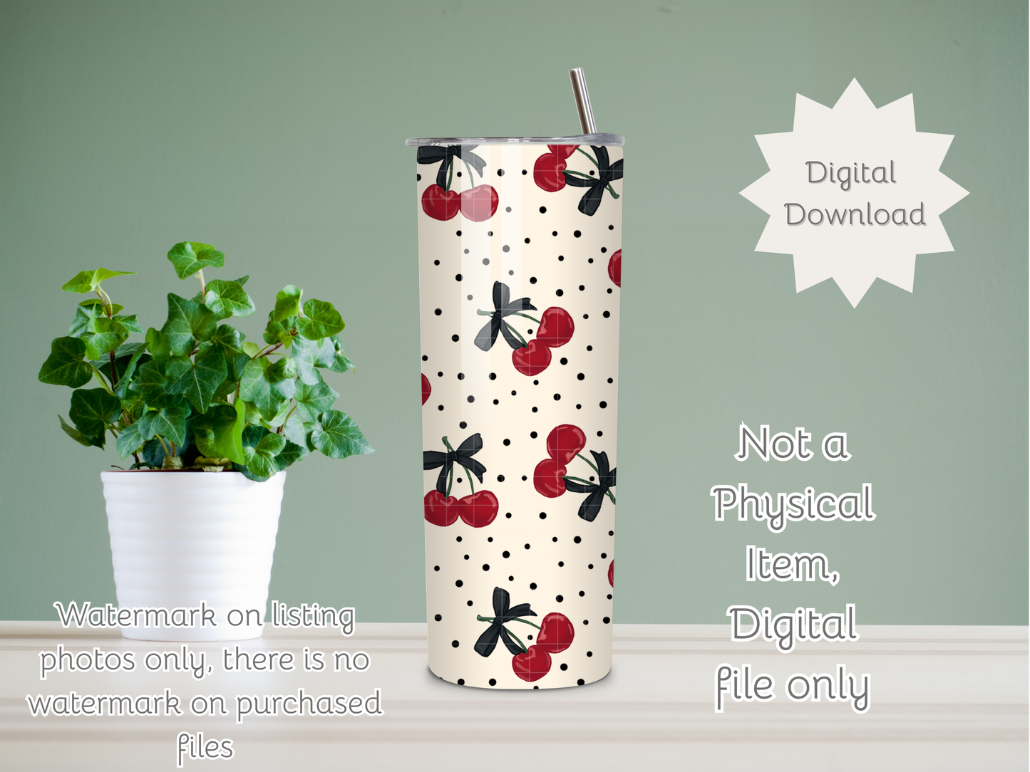 Polka Dots and Cherries Seamless PNG 20oz Skinny Tumbler Wrap | Sublimation 300 DPI Straight Tumbler Wrap | PNG Digital Wrap Digital Download