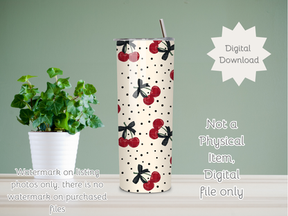 Polka Dots and Cherries Seamless PNG 20oz Skinny Tumbler Wrap | Sublimation 300 DPI Straight Tumbler Wrap | PNG Digital Wrap Digital Download