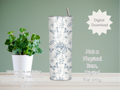 Toile De Jouy Bouquet in blue Seamless PNG 20oz Skinny Tumbler Wrap | Sublimation 300 DPI Straight Tumbler Wrap | PNG Digital Wrap Digital Download