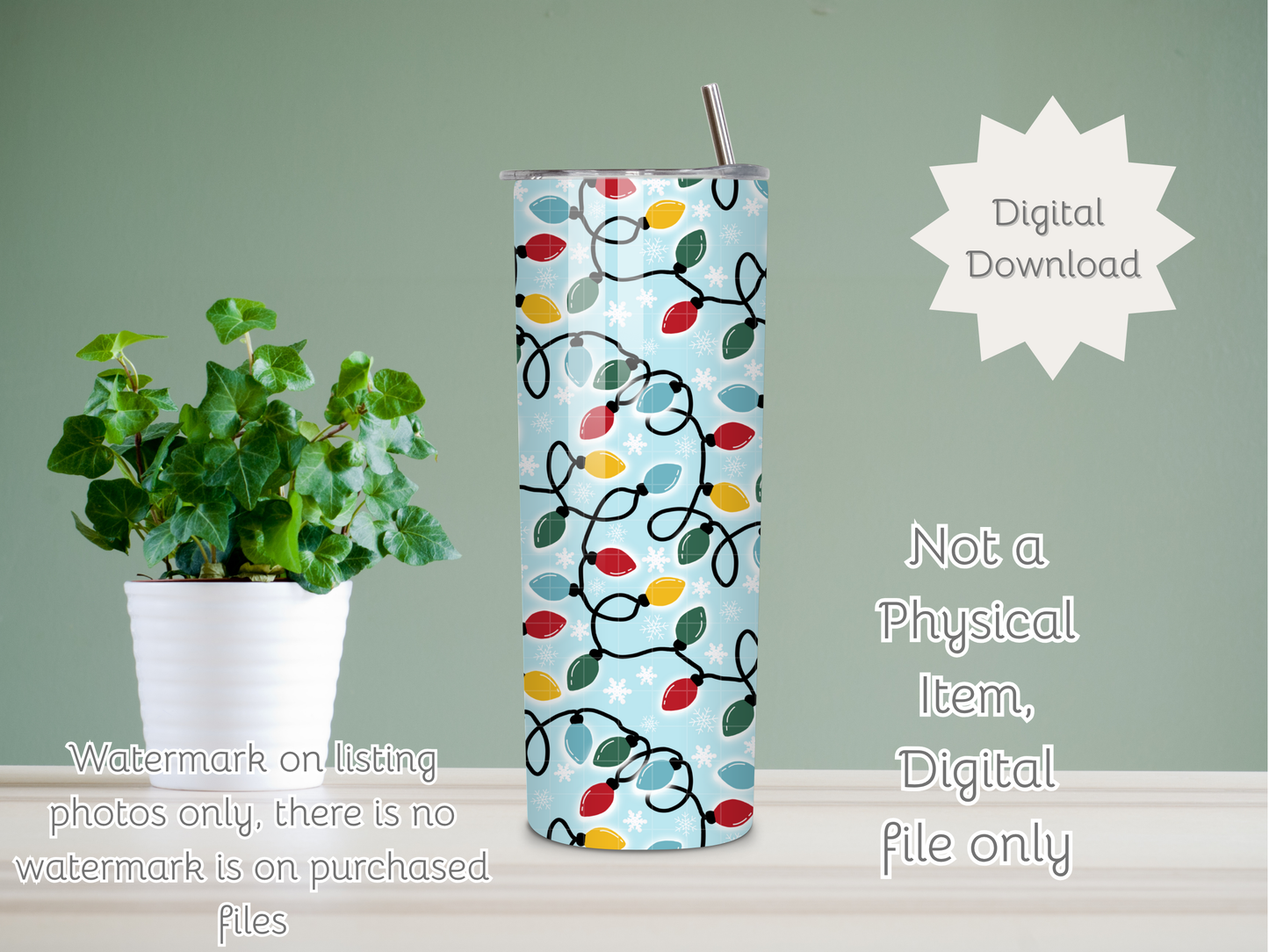 Retro Christmas Lights Seamless PNG 20oz Skinny Tumbler Wrap | Sublimation 300 DPI Straight Tumbler Wrap | PNG Digital Wrap Digital Download