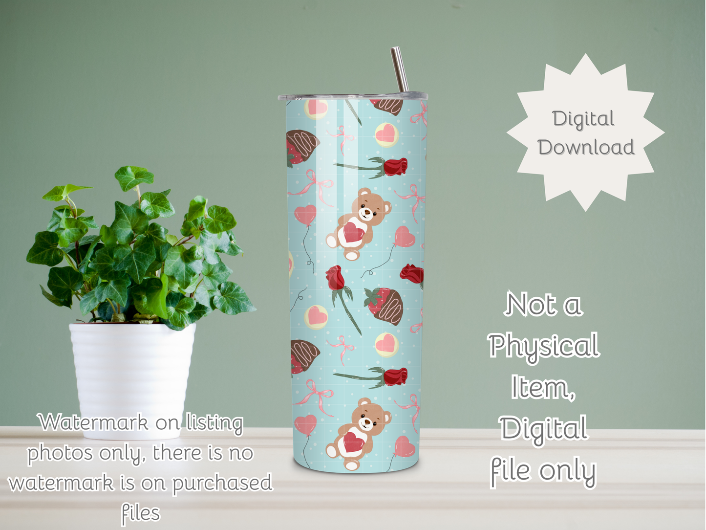 Teddy Bear Valentine Seamless PNG 20oz Skinny Tumbler Wrap | Sublimation 300 DPI Straight Tumbler Wrap | PNG Digital Wrap Digital Download