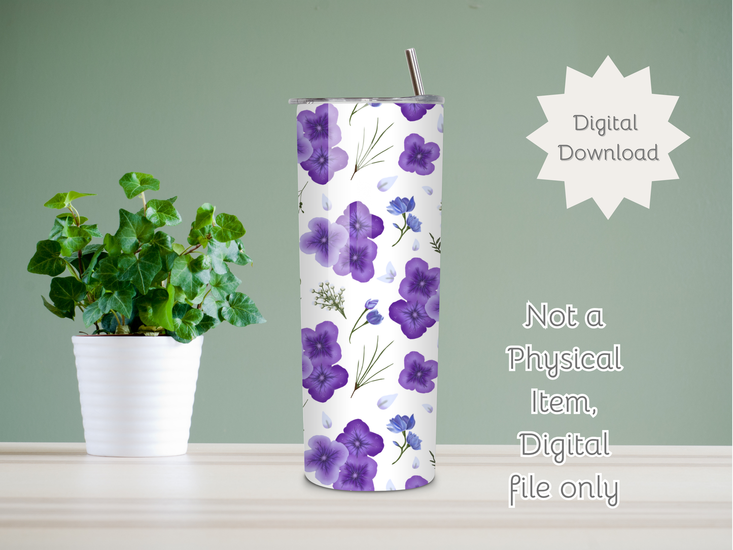Amethyst Meadows white background Seamless PNG 20oz Skinny Tumbler Wrap | Sublimation 300 DPI Straight Tumbler Wrap | PNG Digital Wrap Digital Download