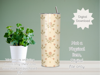 Roses and Stars Vintage Seamless PNG 20oz Skinny Tumbler Wrap | Sublimation 300 DPI Straight Tumbler Wrap | PNG Digital Wrap Digital Download