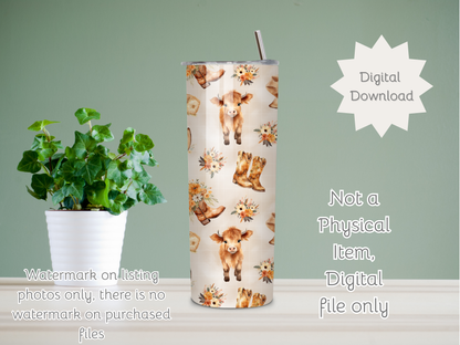 Cute Highland Cow Floral Seamless PNG 20oz Skinny Tumbler Wrap | Sublimation 300 DPI Straight Tumbler Wrap | PNG Digital Wrap Digital Download