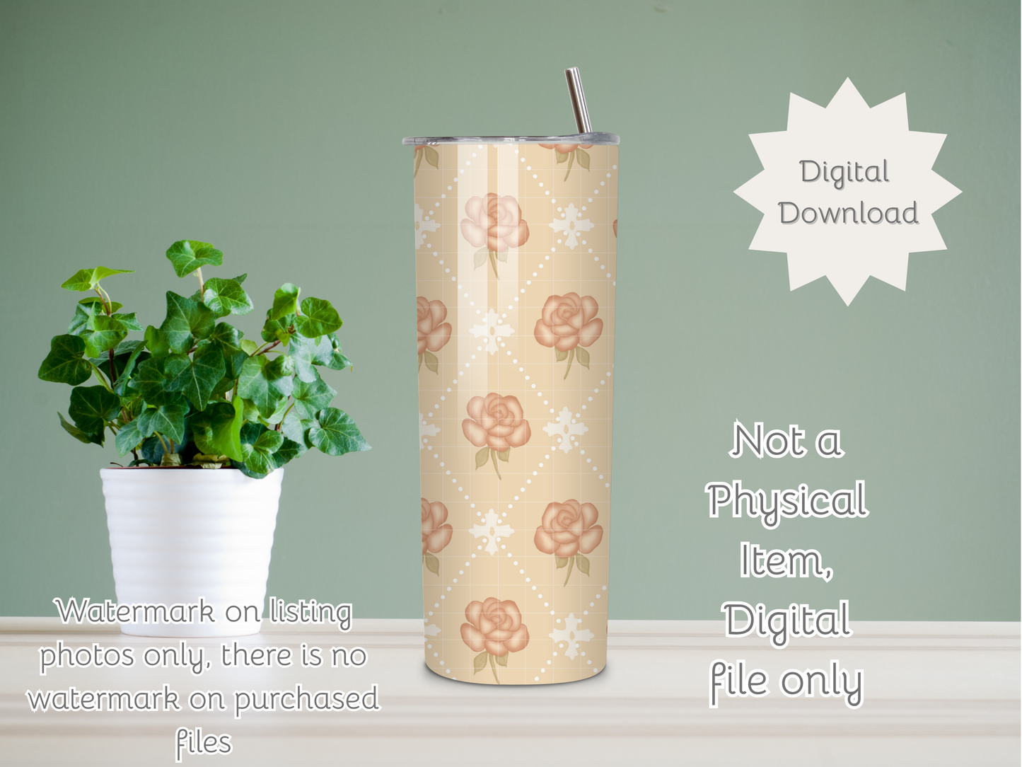 Rose Diamond Vintage Seamless PNG 20oz Skinny Tumbler Wrap | Sublimation 300 DPI Straight Tumbler Wrap | PNG Digital Wrap Digital Download
