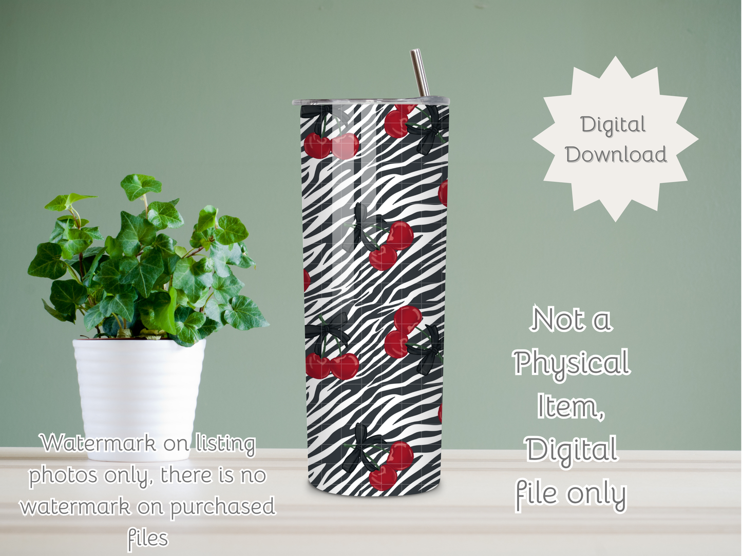 Zebra Print and Cherries Seamless PNG 20oz Skinny Tumbler Wrap | Sublimation 300 DPI Straight Tumbler Wrap | PNG Digital Wrap Digital Download