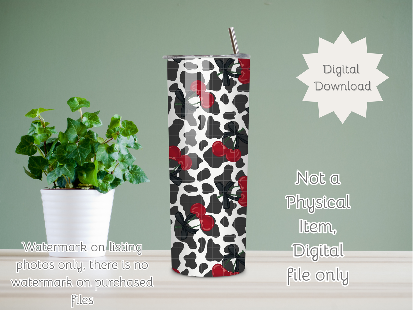 Cow Print and Cherries Seamless PNG 20oz Skinny Tumbler Wrap | Sublimation 300 DPI Straight Tumbler Wrap | PNG Digital Wrap Digital Download