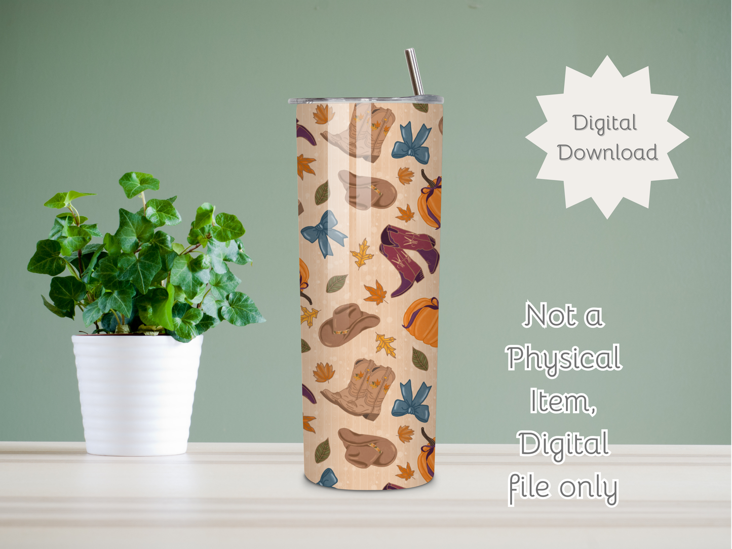 Autumn Cowgirl Seamless PNG 20oz Skinny Tumbler Wrap | Sublimation 300 DPI Straight Tumbler Wrap | PNG Digital Wrap Digital Download