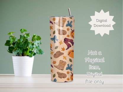Autumn Cowgirl Seamless PNG 20oz Skinny Tumbler Wrap | Sublimation 300 DPI Straight Tumbler Wrap | PNG Digital Wrap Digital Download