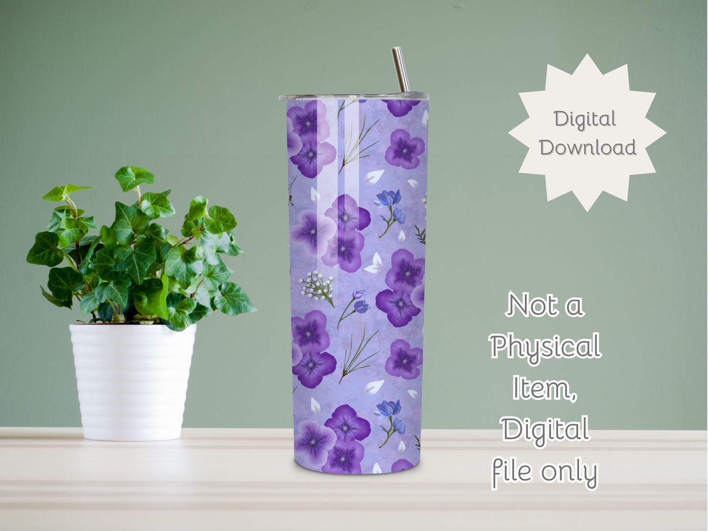 Amethyst Meadows purple background Seamless PNG 20oz Skinny Tumbler Wrap | Sublimation 300 DPI Straight Tumbler Wrap | PNG Digital Wrap Digital Download