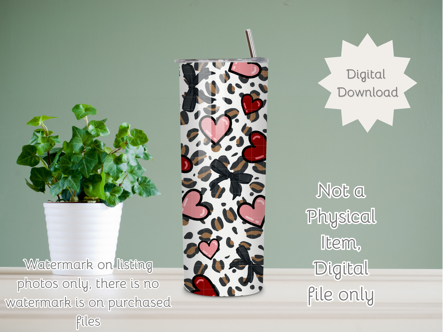 Leopards and Hearts Seamless PNG 20oz Skinny Tumbler Wrap | Sublimation 300 DPI Straight Tumbler Wrap | PNG Digital Wrap Digital Download