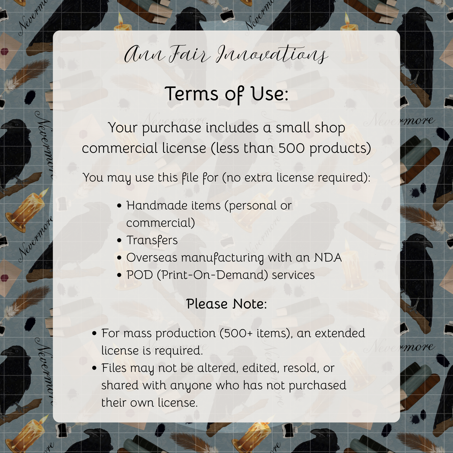 Nevermore Seamless Hand Drawn Digital Pattern | 300 DPI PNG | Instant Download |Edgar Allan Poe | The Raven