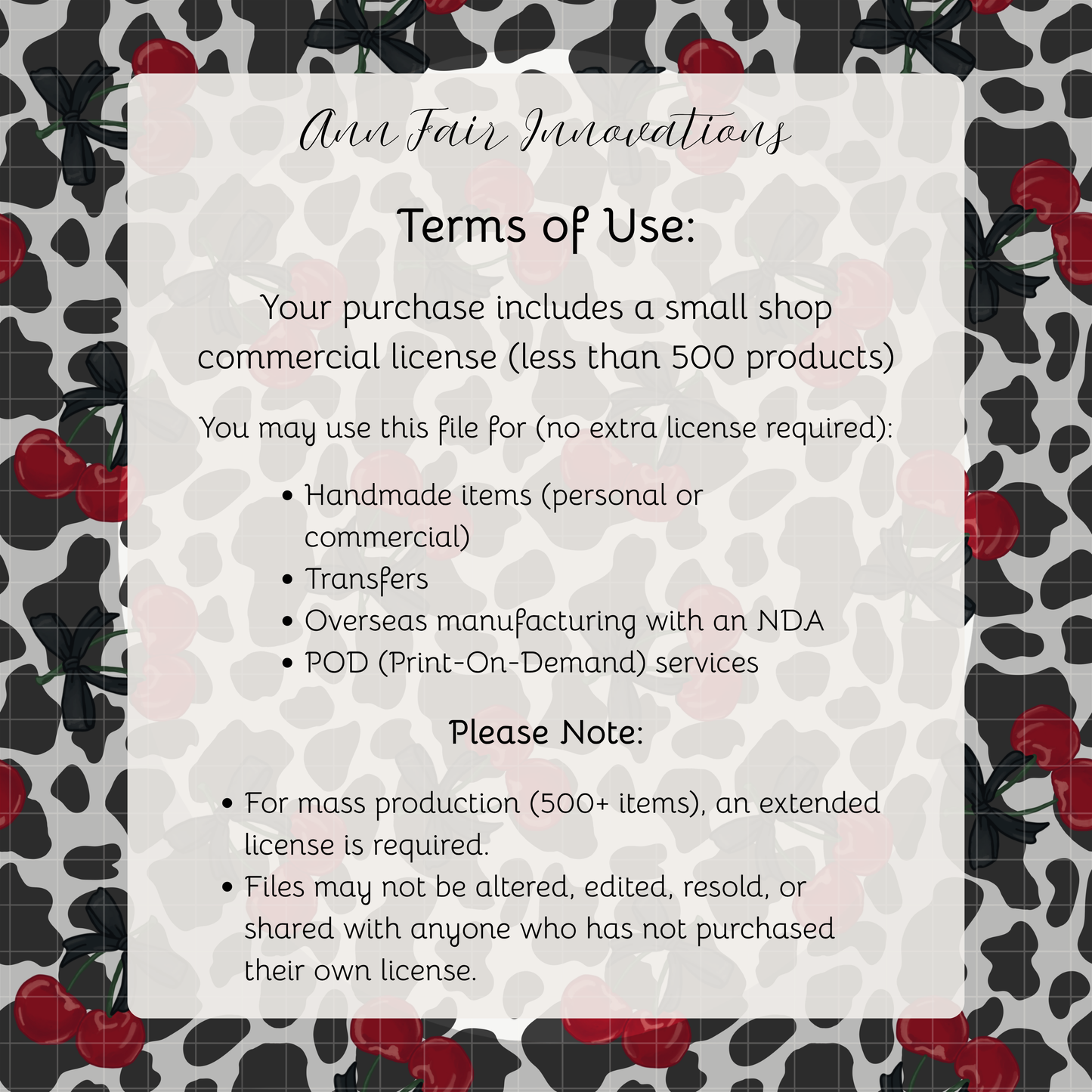 Cow Print and Cherries Seamless Hand Drawn Digital Pattern | 300 DPI PNG | Instant Download