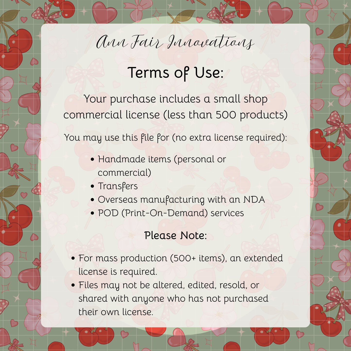 Coquette Cherries Seamless Hand Drawn Digital Pattern | 300 DPI PNG | Instant Download