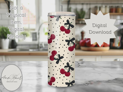 Polka Dots and Cherries Seamless PNG 20oz Skinny Tumbler Wrap | Sublimation 300 DPI Straight Tumbler Wrap | PNG Digital Wrap Digital Download