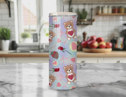 Teddy Bear Valentine Seamless PNG 20oz Skinny Tumbler Wrap | Sublimation 300 DPI Straight Tumbler Wrap | PNG Digital Wrap Digital Download