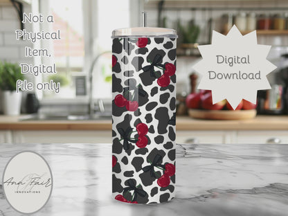 Cow Print and Cherries Seamless PNG 20oz Skinny Tumbler Wrap | Sublimation 300 DPI Straight Tumbler Wrap | PNG Digital Wrap Digital Download
