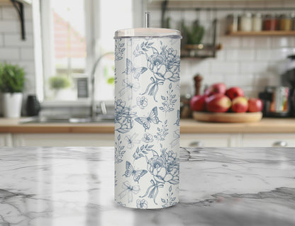 Toile De Jouy Bouquet in blue Seamless PNG 20oz Skinny Tumbler Wrap | Sublimation 300 DPI Straight Tumbler Wrap | PNG Digital Wrap Digital Download