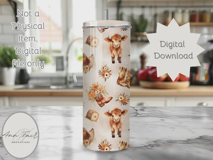 Cute Highland Cow Floral Seamless PNG 20oz Skinny Tumbler Wrap | Sublimation 300 DPI Straight Tumbler Wrap | PNG Digital Wrap Digital Download