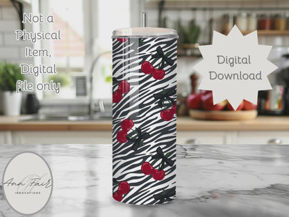 Zebra Print and Cherries Seamless PNG 20oz Skinny Tumbler Wrap | Sublimation 300 DPI Straight Tumbler Wrap | PNG Digital Wrap Digital Download