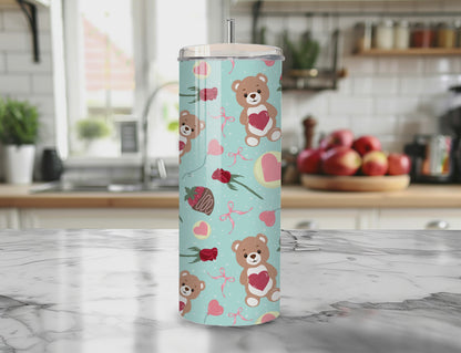 Teddy Bear Valentine Seamless PNG 20oz Skinny Tumbler Wrap | Sublimation 300 DPI Straight Tumbler Wrap | PNG Digital Wrap Digital Download